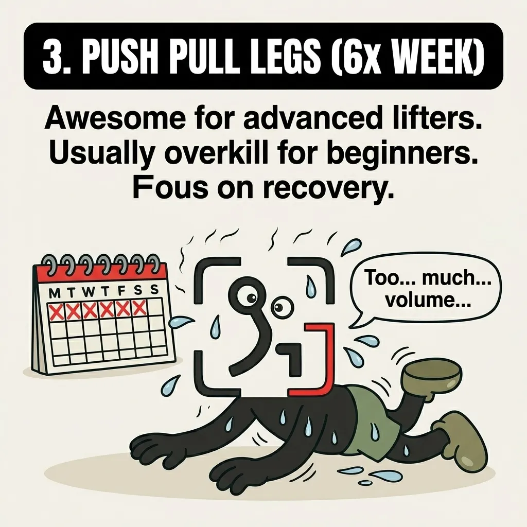 The GainFrame mascot lies exhausted and sweating on the floor next to a calendar with six crossed-out days, showing that a six-day split is often too much volume for beginners.