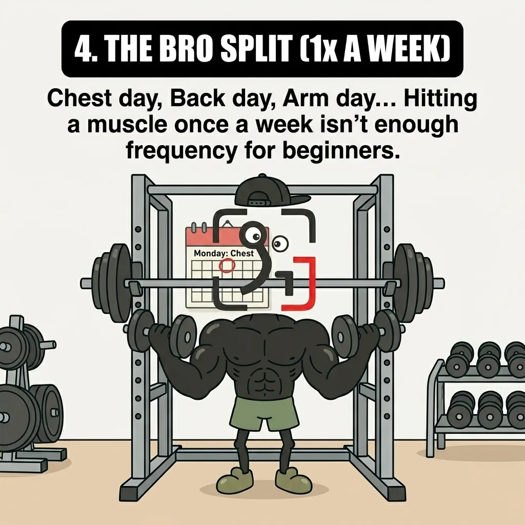 The muscular GainFrame mascot stands in a squat rack holding dumbbells with a calendar marked 'Monday: Chest' behind him, illustrating that a once-a-week bro split lacks sufficient frequency for beginners.