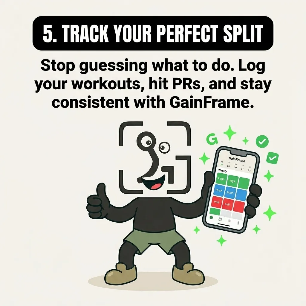 The cheerful GainFrame mascot holds up a smartphone displaying the GainFrame workout tracking app, emphasizing the importance of logging workouts to stay consistent.