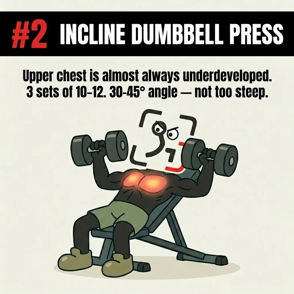 The GainFrame mascot performs an incline dumbbell press on a bench set at a 30-to-45-degree angle to target the upper chest.