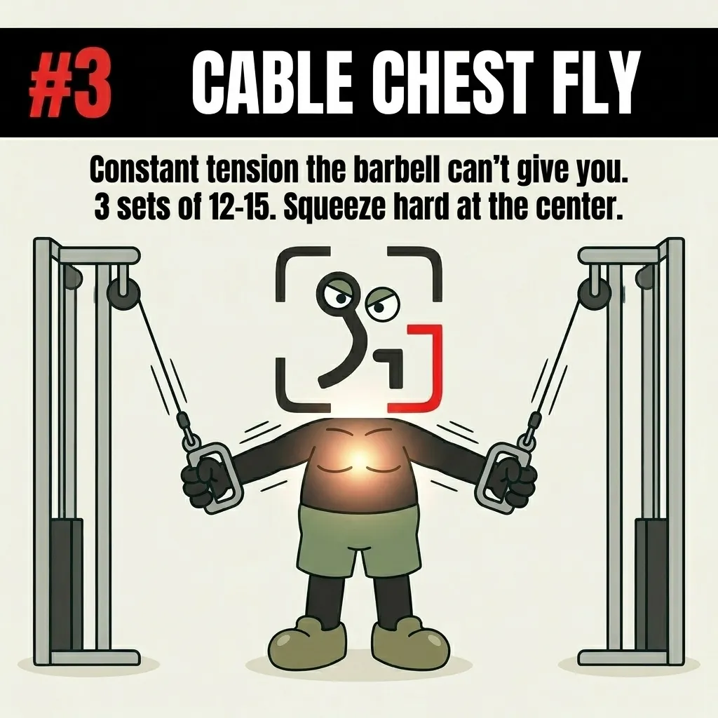 The GainFrame mascot performs a cable chest fly to maintain constant tension and squeeze the chest muscles at the center.