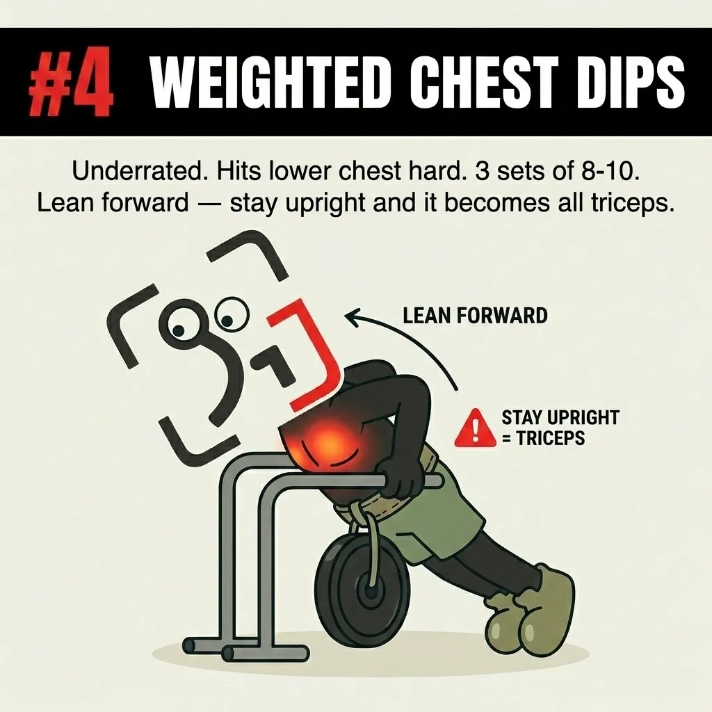 The GainFrame mascot performs weighted chest dips on parallel bars, leaning forward to target the lower chest instead of the triceps.