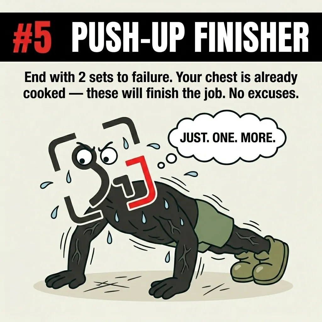 The sweating GainFrame mascot pushes through a final set of push-ups to failure to completely exhaust the chest muscles.