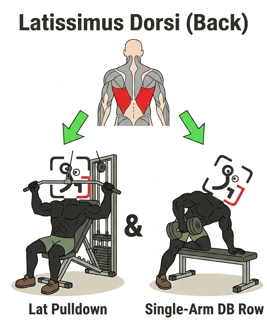 The GainFrame mascot performs a lat pulldown and a single-arm dumbbell row to target the back.
