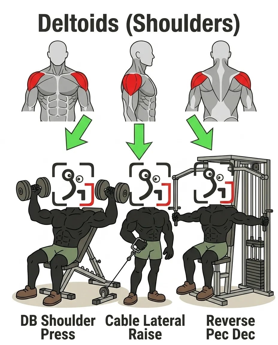 The GainFrame mascot demonstrates three exercises to target the front, side, and rear deltoids.