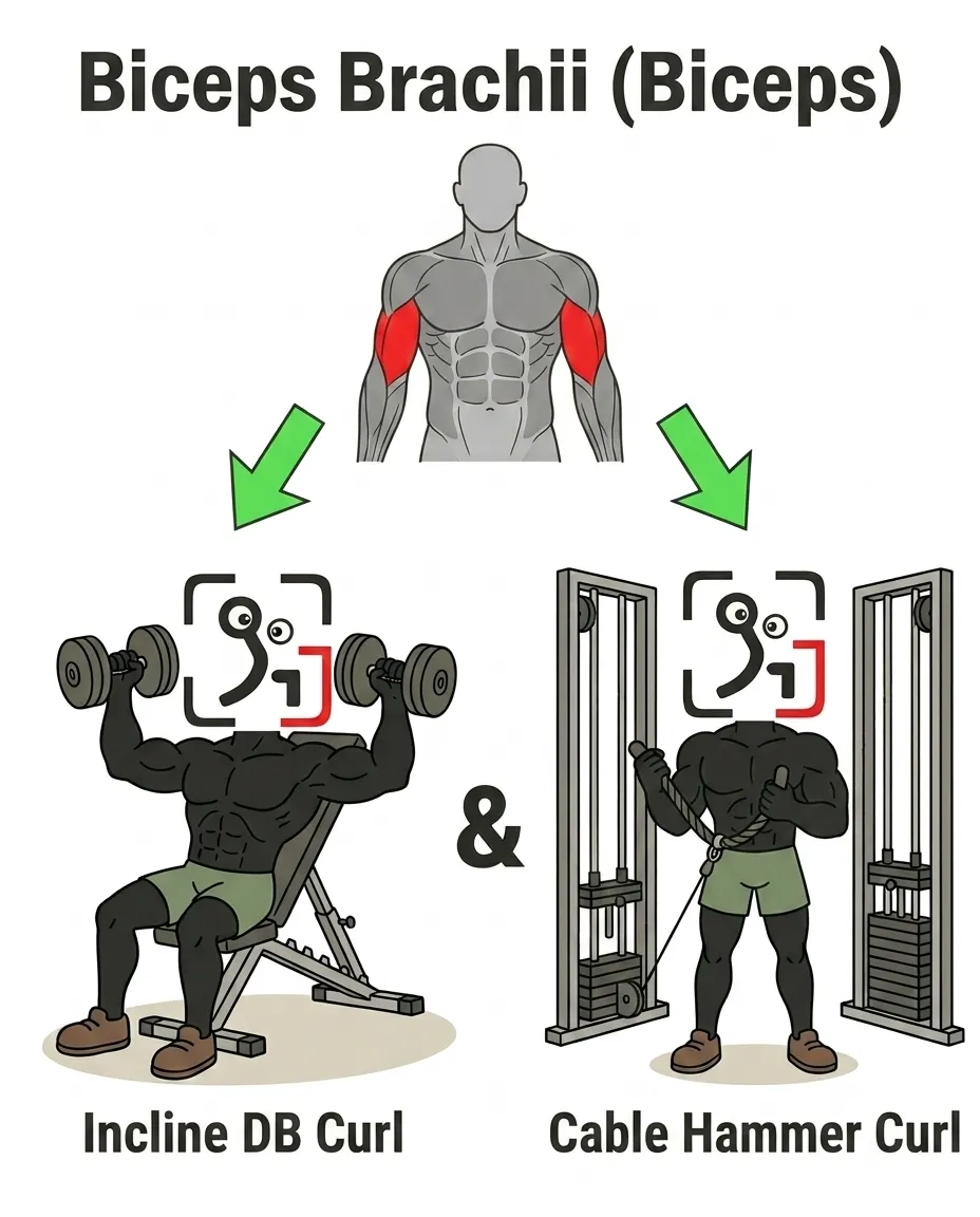 The GainFrame mascot performs an incline dumbbell curl and a cable hammer curl to target the biceps.