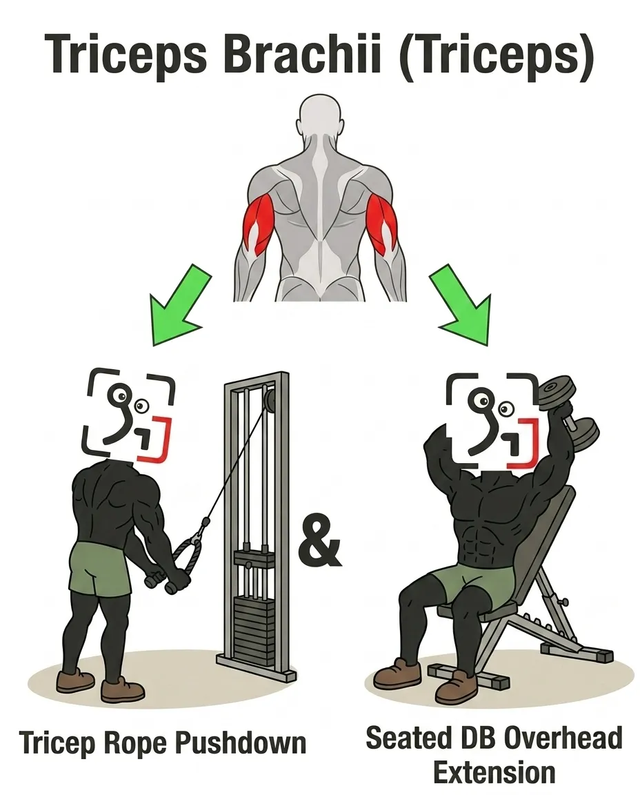 The GainFrame mascot demonstrates the tricep rope pushdown and seated dumbbell overhead extension to target the triceps.