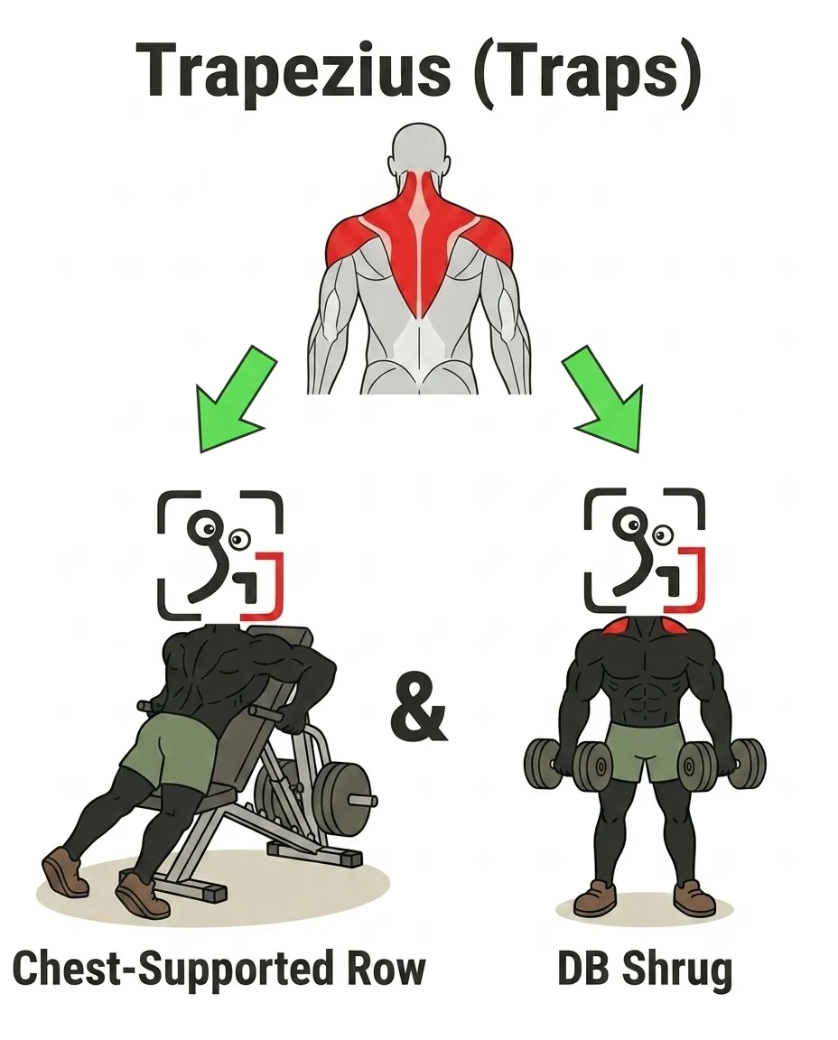 The GainFrame mascot performs a chest-supported row and a dumbbell shrug to target the trapezius muscles.