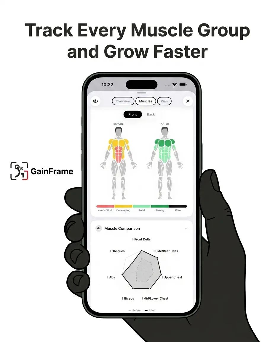 A hand holds a smartphone displaying the GainFrame app interface, which tracks muscle development and progress.