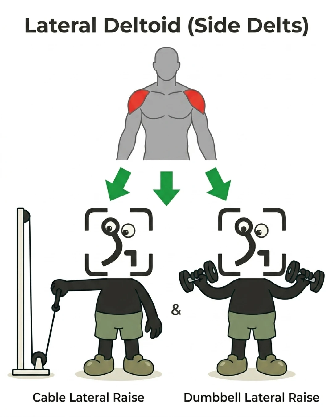 The GainFrame mascot performs cable lateral raises and dumbbell lateral raises to target the lateral deltoids, highlighted in red on a shoulder anatomy diagram.