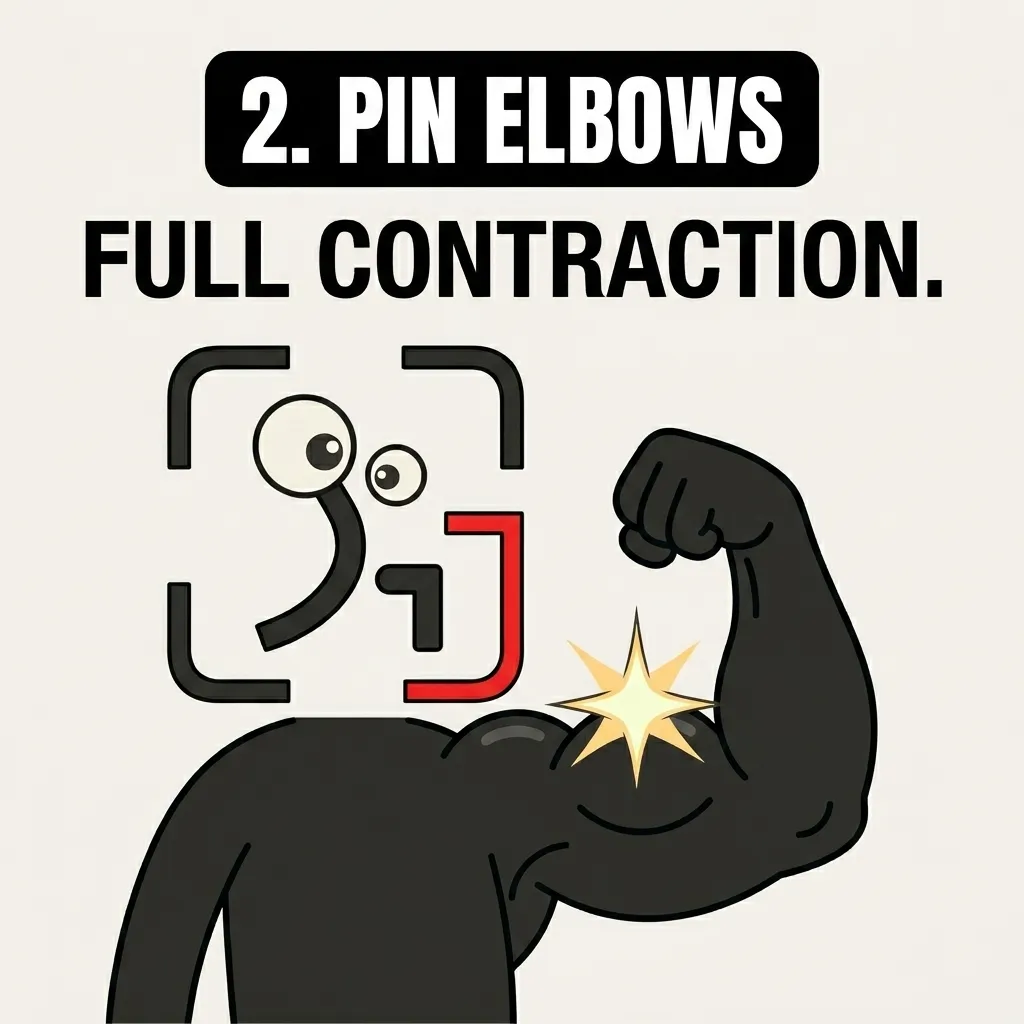 The GainFrame mascot flexes a muscular bicep with a sparkle effect, emphasizing the importance of pinning elbows for full contraction.