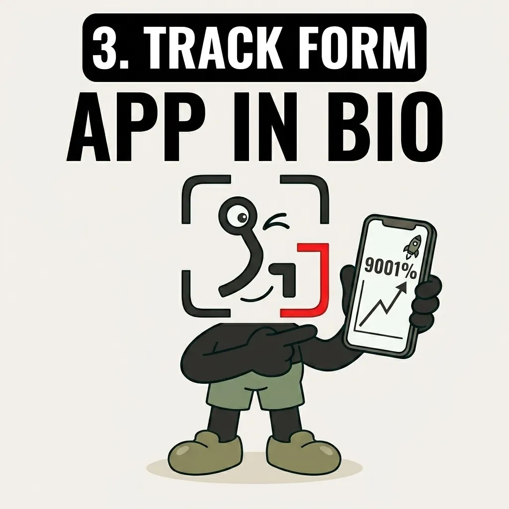 The GainFrame mascot winks while holding a smartphone displaying a rising progress chart to promote tracking workout form.