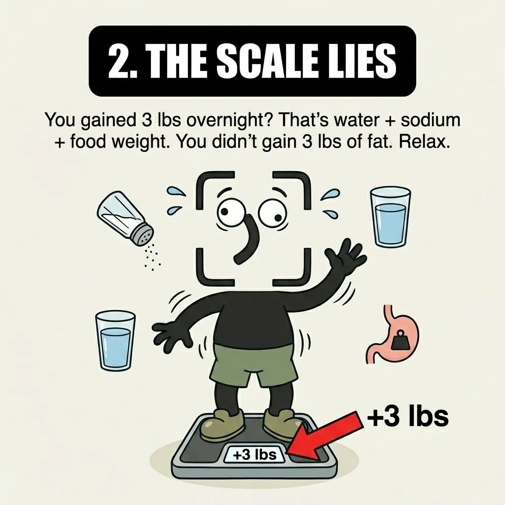 The GainFrame mascot stands on a scale showing a three-pound increase, surrounded by icons of salt, water, and food to show that daily weight fluctuations are caused by temporary factors rather than fat gain.