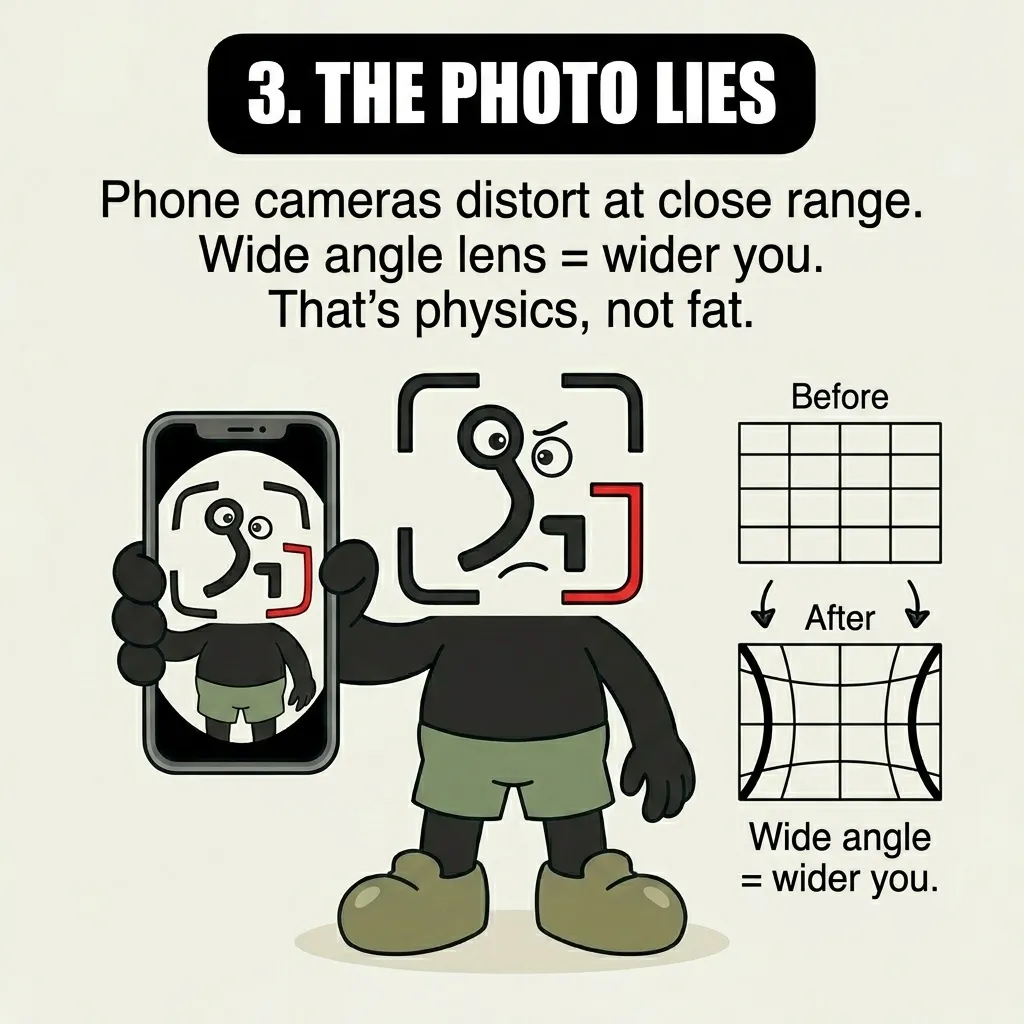 The GainFrame mascot holds up a phone displaying a distorted, wider selfie alongside a grid diagram explaining how wide-angle lenses physically stretch images.