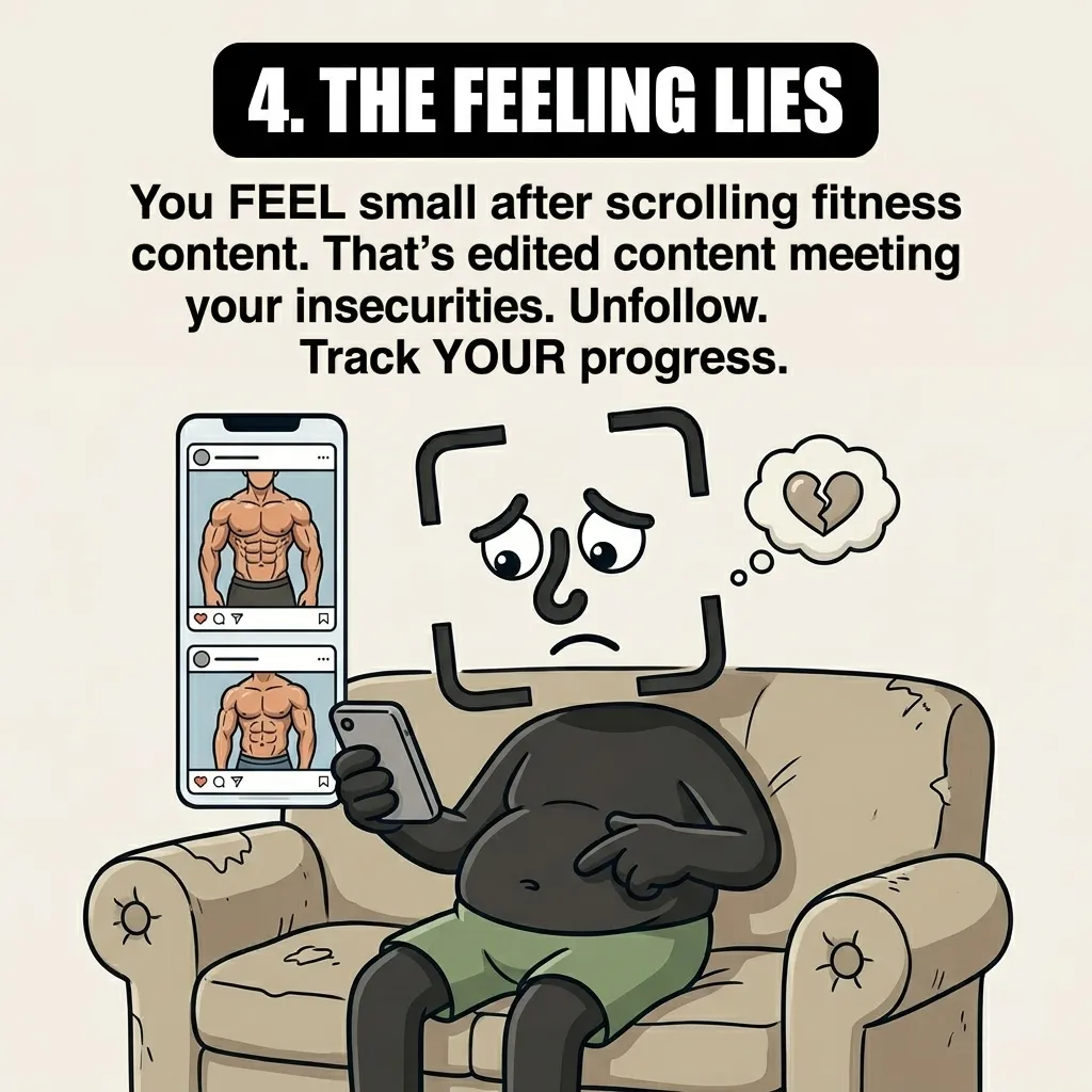 The GainFrame mascot sits sadly on a couch looking at idealized fitness photos on a phone, demonstrating how social media content can trigger insecurities and distort self-image.