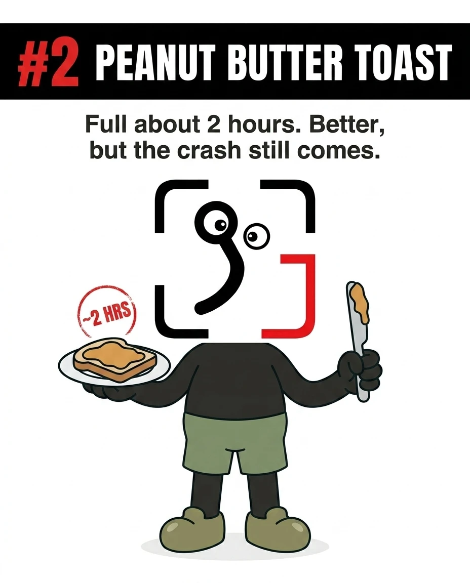 The GainFrame mascot holds a plate with peanut butter toast and a butter knife, showing that this breakfast option keeps you full for about 2 hours before an energy crash.