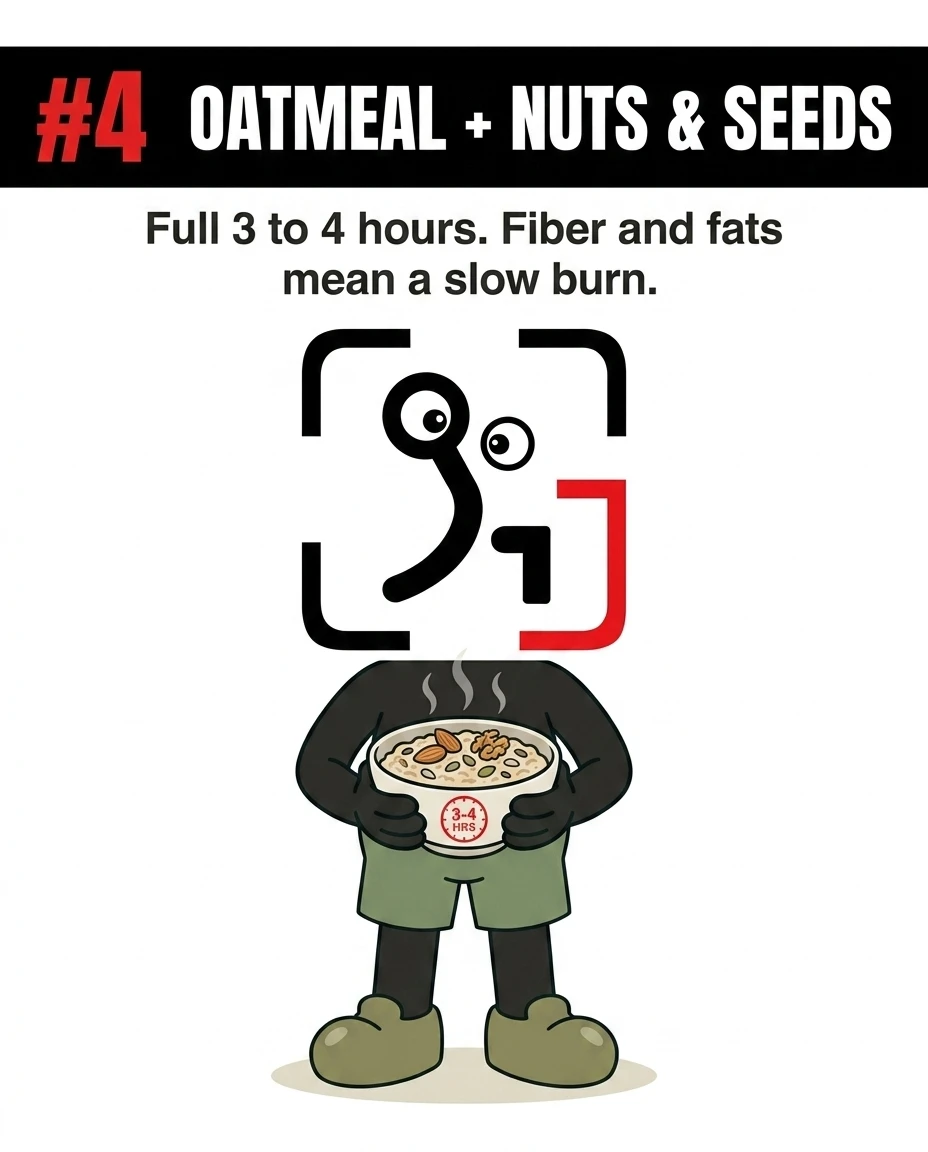 The GainFrame mascot holds a steaming bowl of oatmeal topped with nuts and seeds, showing that fiber and healthy fats provide a slow burn that keeps you full for 3 to 4 hours.