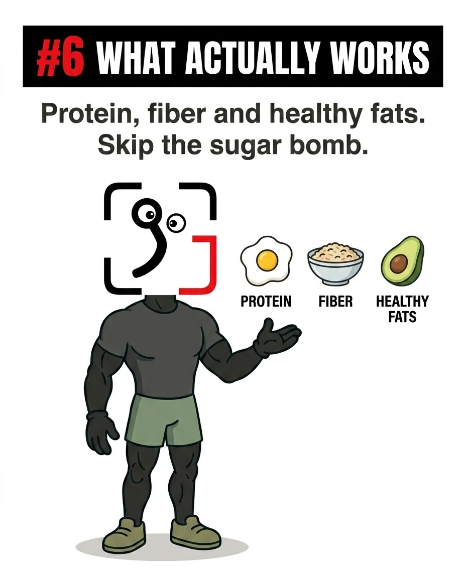 The muscular GainFrame mascot gestures toward icons of an egg, a bowl of oatmeal, and an avocado, emphasizing that a combination of protein, fiber, and healthy fats is the key to a long-lasting breakfast.