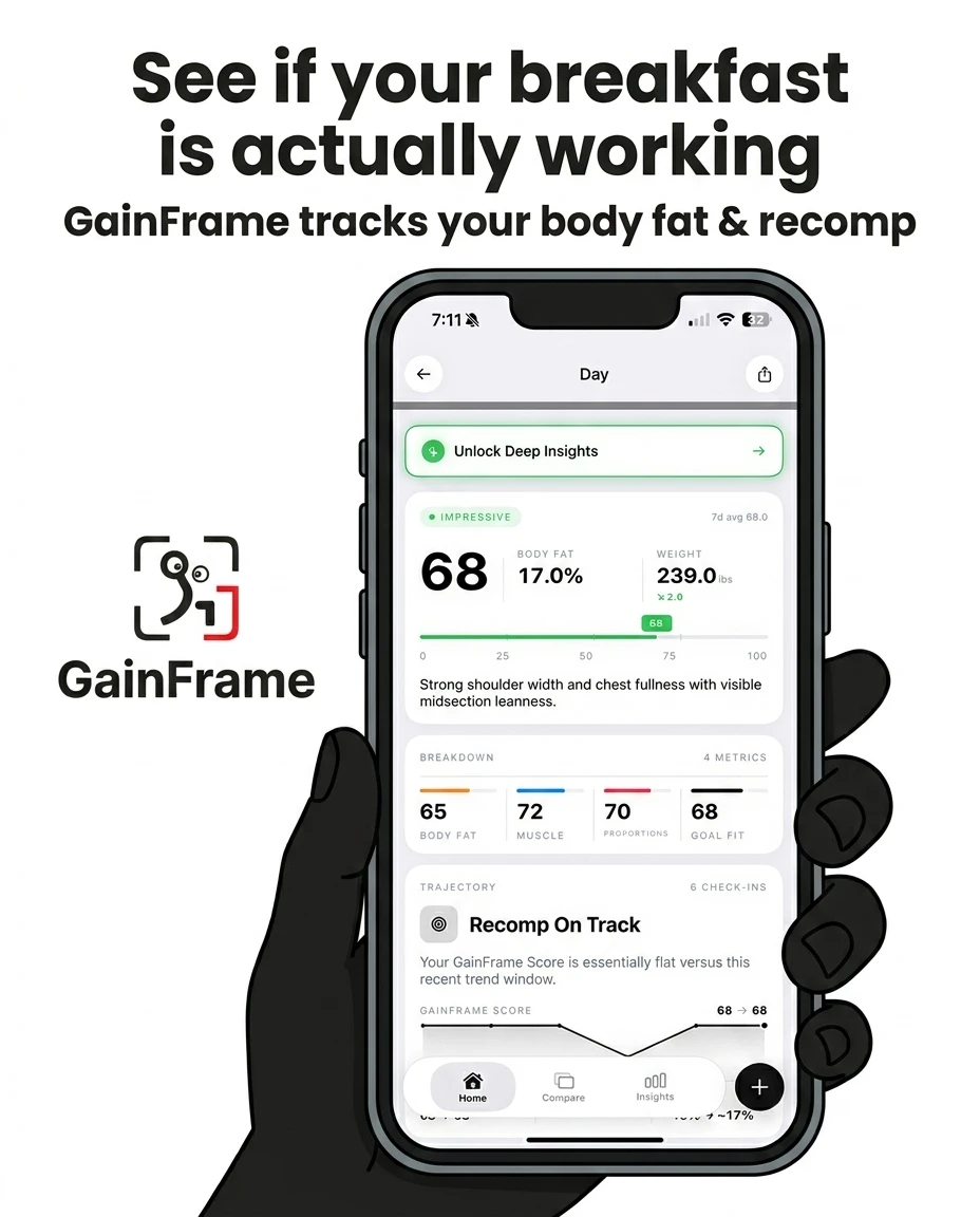 A hand holds a smartphone displaying the GainFrame app interface, which tracks body fat, muscle, and body recomposition progress to help users see if their diet is working.