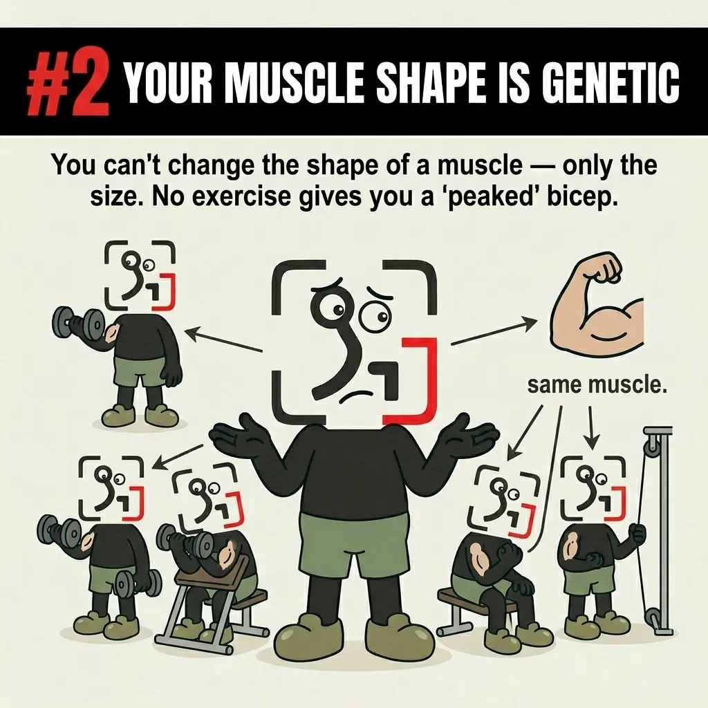 The GainFrame mascot shrugs surrounded by smaller versions of himself performing different bicep exercises, showing that genetics determine muscle shape rather than specific exercises.