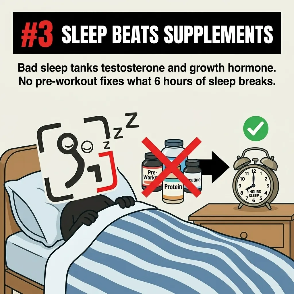 The GainFrame mascot sleeps peacefully in bed next to a nightstand with an alarm clock set to 9 hours, emphasizing that adequate sleep is far more important for muscle growth than supplements.