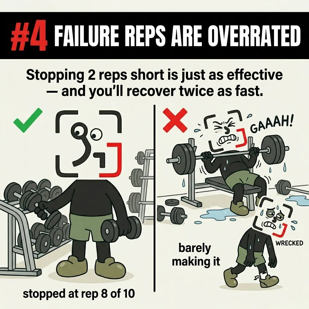 A split image shows the GainFrame mascot calmly putting away dumbbells after stopping short of failure, contrasted with him struggling and looking wrecked on a bench press, demonstrating that training to failure is overrated.