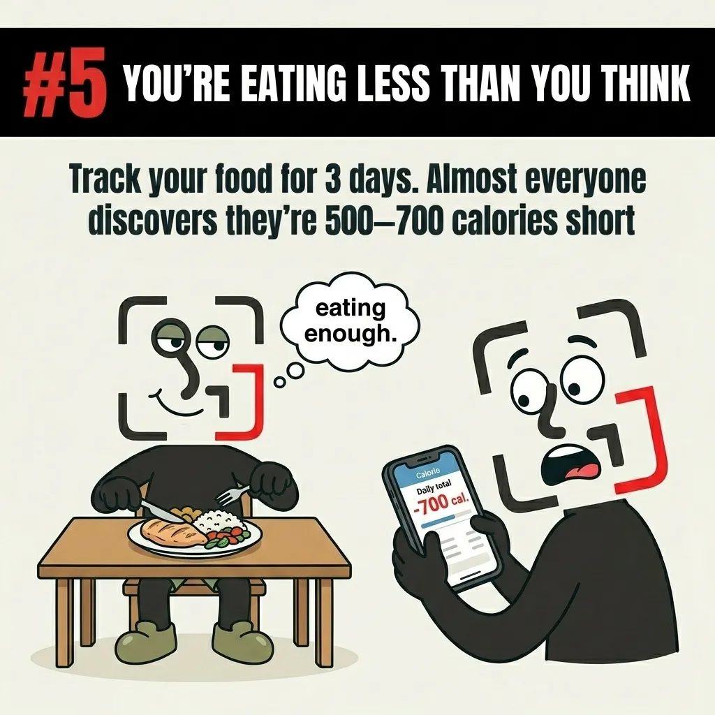 The GainFrame mascot is shown eating a meal thinking he is eating enough, but then looks shocked at his phone showing a 700-calorie deficit, highlighting the importance of tracking food intake.