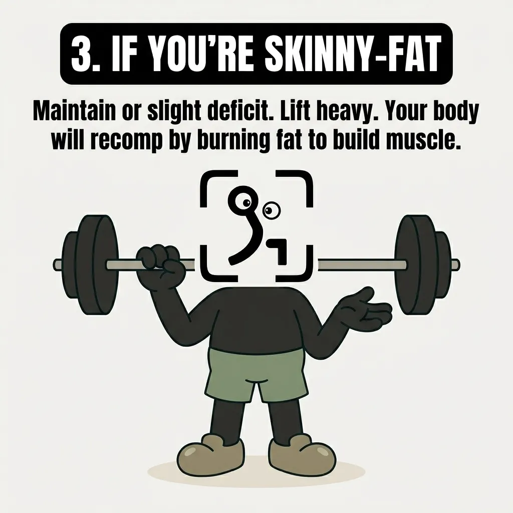 The GainFrame mascot lifts a heavy barbell with one hand, illustrating the body recomposition strategy of lifting heavy while maintaining or eating at a slight deficit.