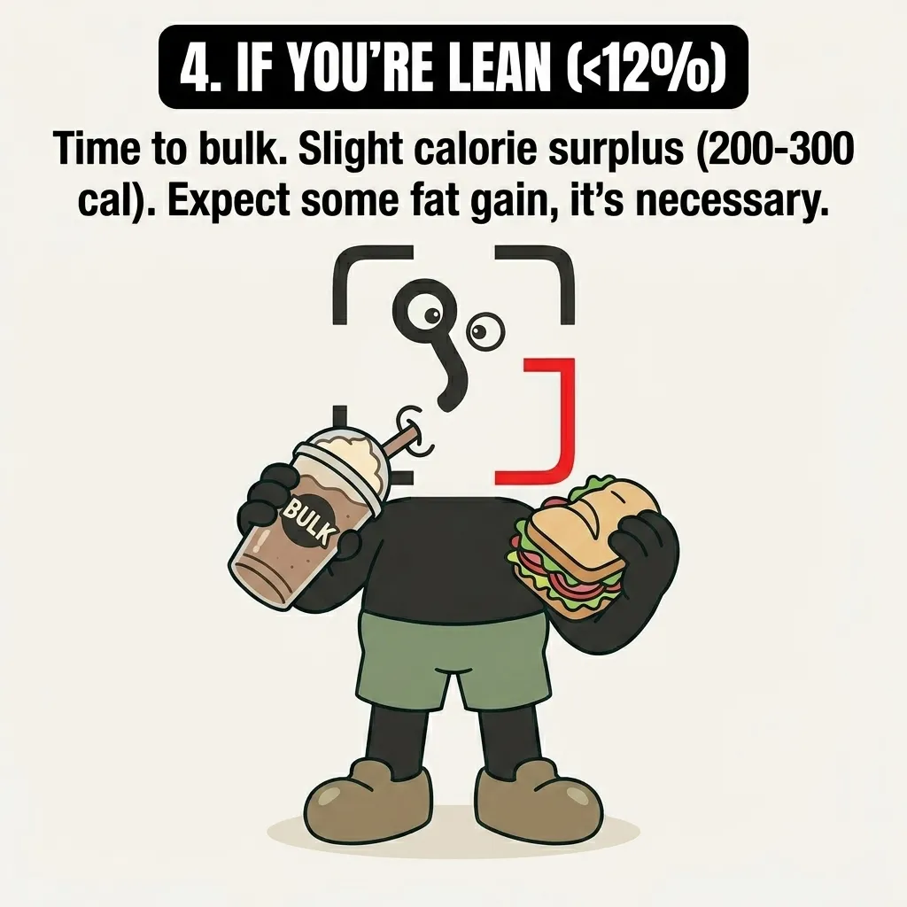 The GainFrame mascot drinks a bulk shake and holds a large sandwich, representing the advice to enter a slight calorie surplus to build muscle if starting from a lean state.