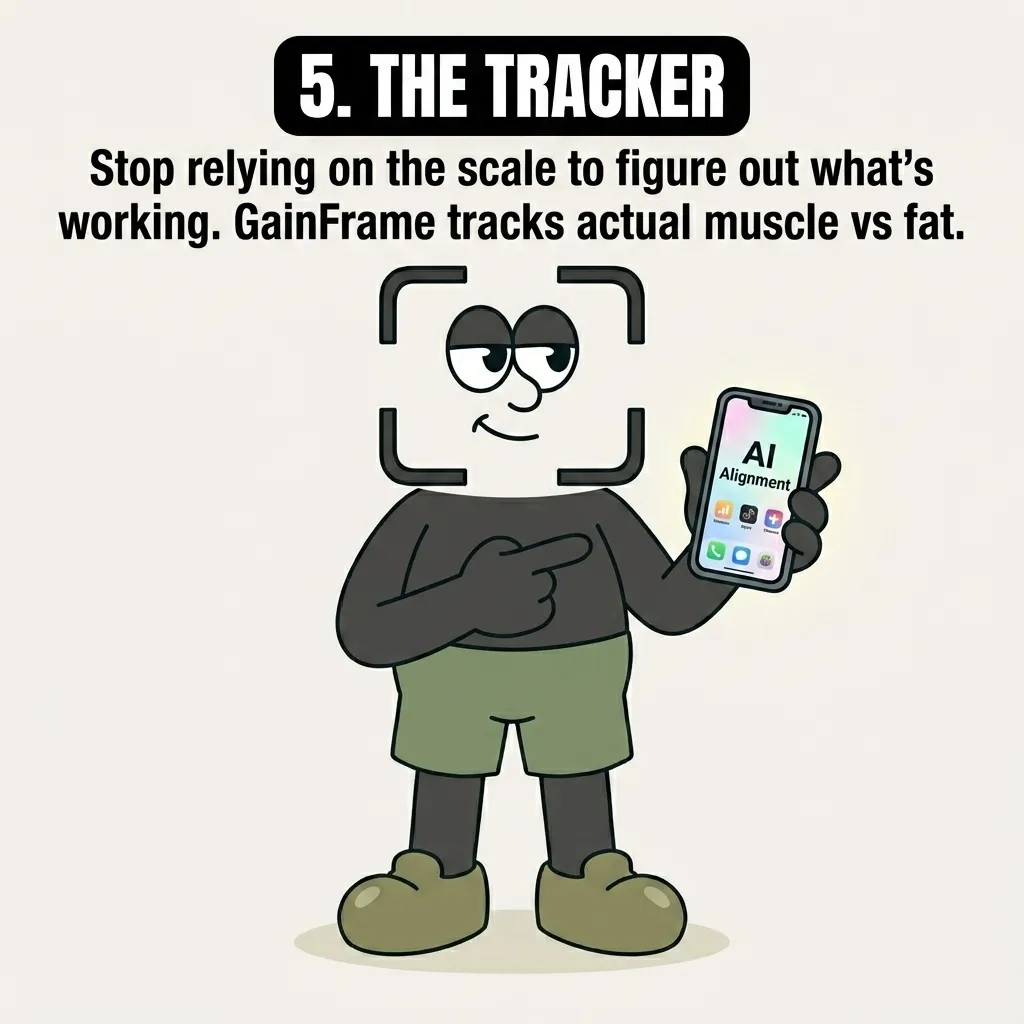 The GainFrame mascot holds up a smartphone displaying the GainFrame app with 'AI Alignment', highlighting the tool's ability to track muscle versus fat instead of relying solely on a scale.
