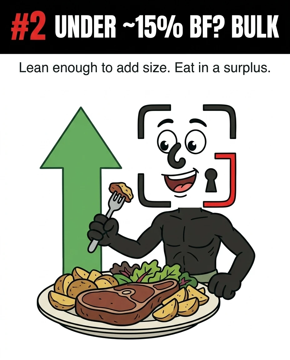 The GainFrame mascot happily eats a steak meal next to a green up arrow, showing that those under 15% body fat should bulk.