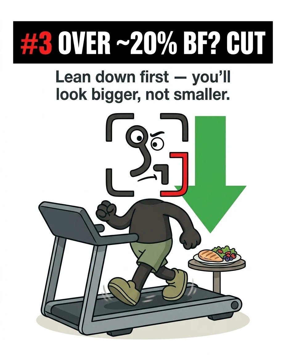 The GainFrame mascot walks on a treadmill next to a green down arrow, showing that those over 20% body fat should cut.