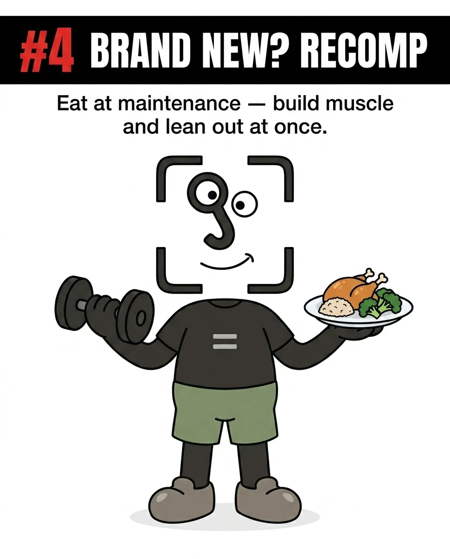 The GainFrame mascot holds a dumbbell and a healthy meal, showing that beginners should recomp at maintenance calories.