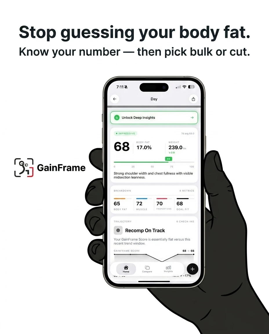 A hand holds a smartphone displaying the GainFrame app, which tracks body fat and muscle metrics to help users choose their fitness path.
