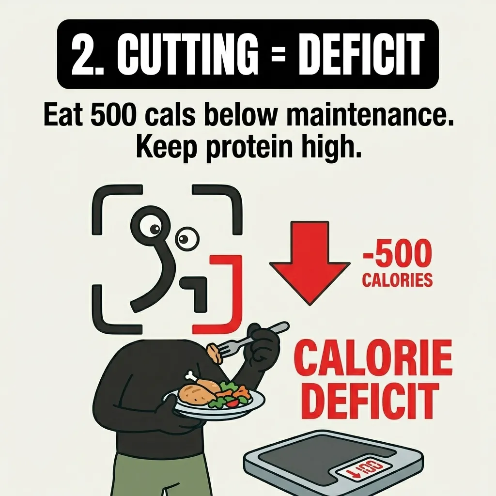 The GainFrame mascot eats a smaller plate of chicken and vegetables next to a scale showing weight loss, illustrating that cutting requires a calorie deficit of 500 calories to lose fat while keeping protein high.