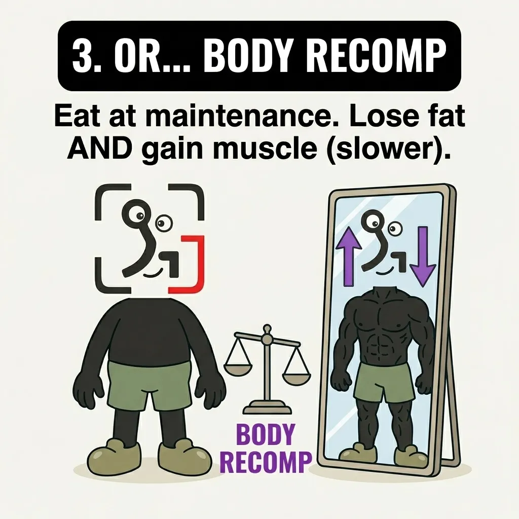 The GainFrame mascot stands next to a balanced scale and looks into a mirror reflecting a muscular physique, illustrating that body recomposition allows you to lose fat and gain muscle simultaneously by eating at maintenance.