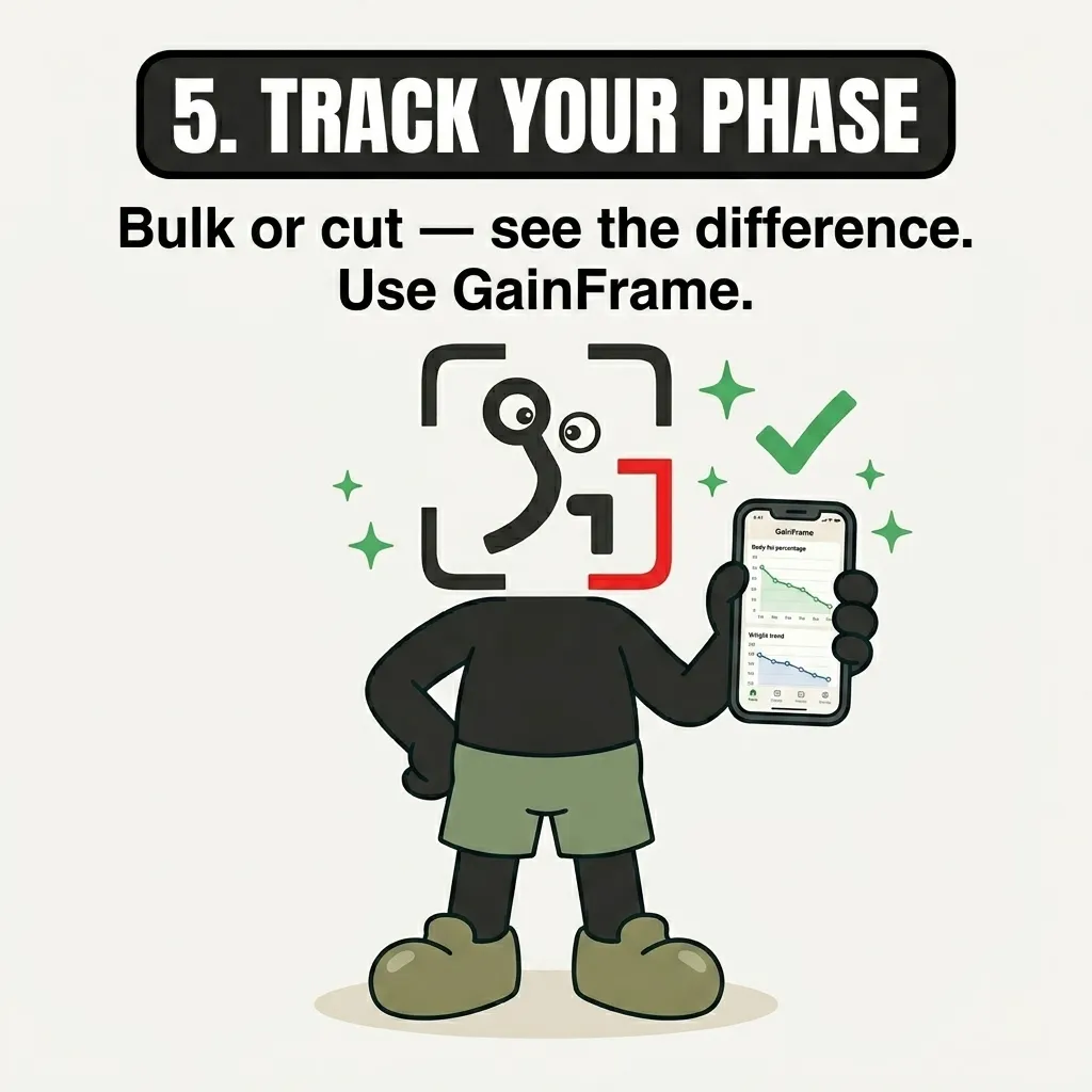 The GainFrame mascot stands proudly holding a smartphone displaying the GainFrame app, highlighting the importance of tracking your body fat and weight trends during a bulk or cut.