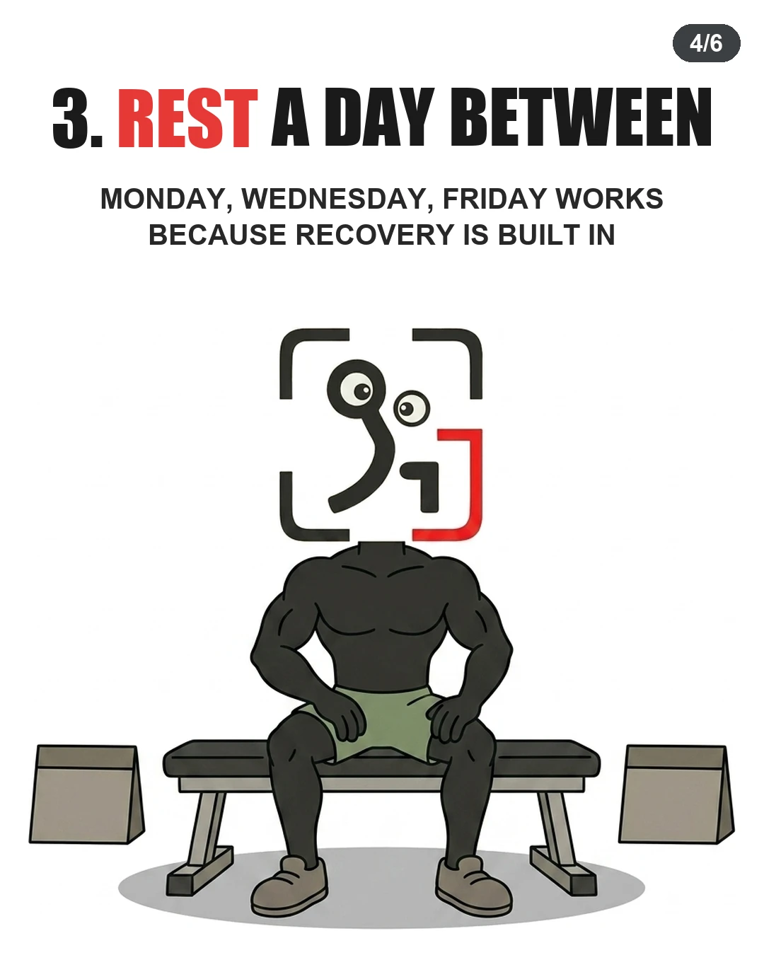 The GainFrame mascot sits resting on an exercise bench, emphasizing the importance of built-in recovery days.