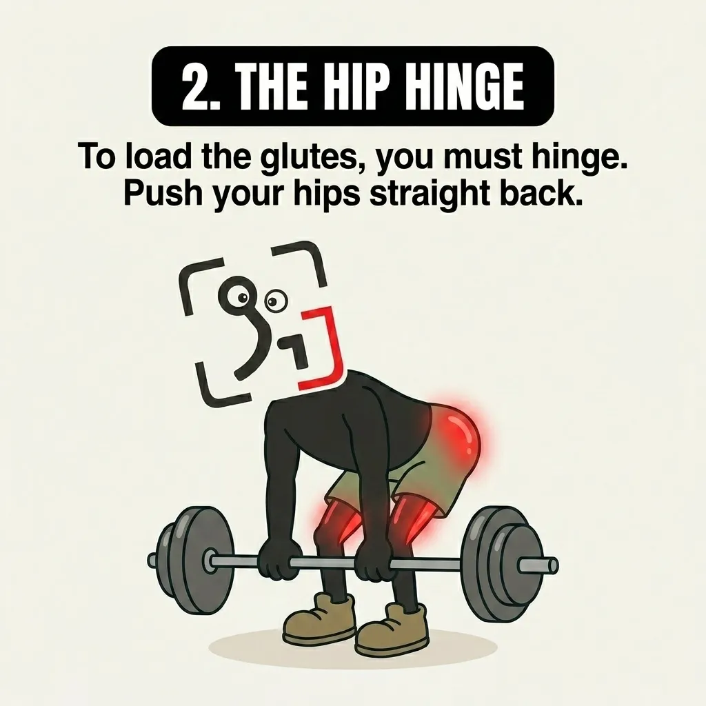 The GainFrame mascot demonstrates a proper hip hinge with a barbell, showing how pushing the hips straight back successfully loads and targets the glutes.