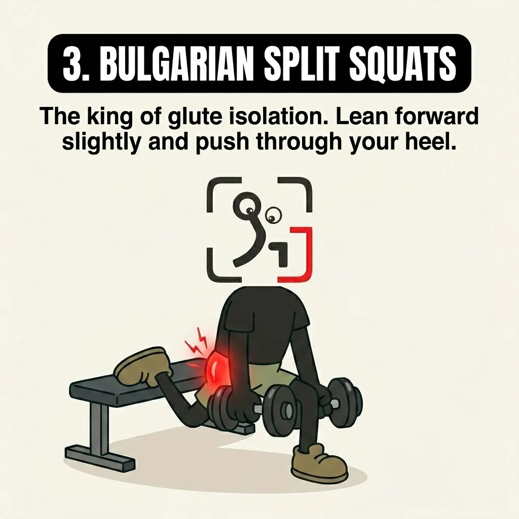 The GainFrame mascot performs a Bulgarian split squat with dumbbells, leaning forward slightly to isolate and maximize tension on the glutes.