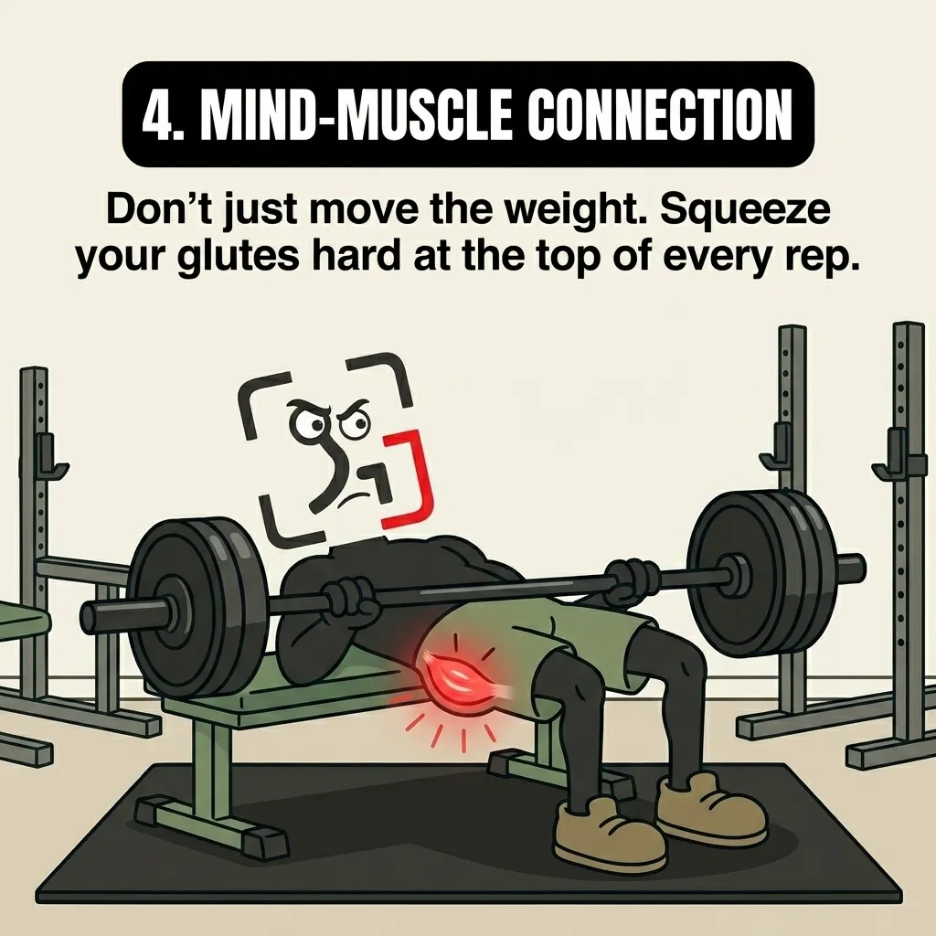The GainFrame mascot performs a hip thrust on a gym bench, squeezing its glutes at the top of the movement to emphasize the importance of the mind-muscle connection.
