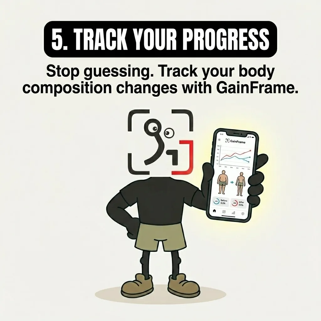 The GainFrame mascot holds up a smartphone displaying the GainFrame app, highlighting the importance of tracking body composition changes over time.