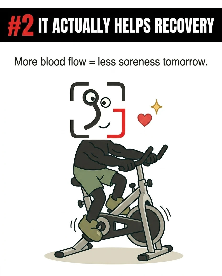 The GainFrame mascot rides a stationary bike to show how light cardio promotes blood flow to aid muscle recovery.