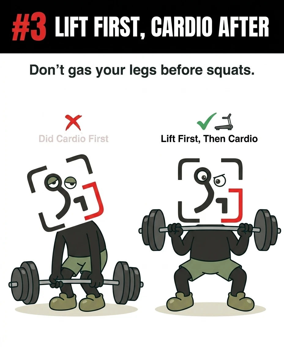 A comparison shows a tired mascot struggling with a barbell versus a strong mascot successfully squatting, illustrating that lifting should come before cardio.