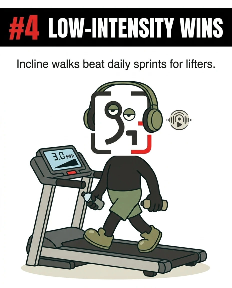 The GainFrame mascot walks calmly on an incline treadmill, demonstrating that low-intensity cardio is ideal for lifters.