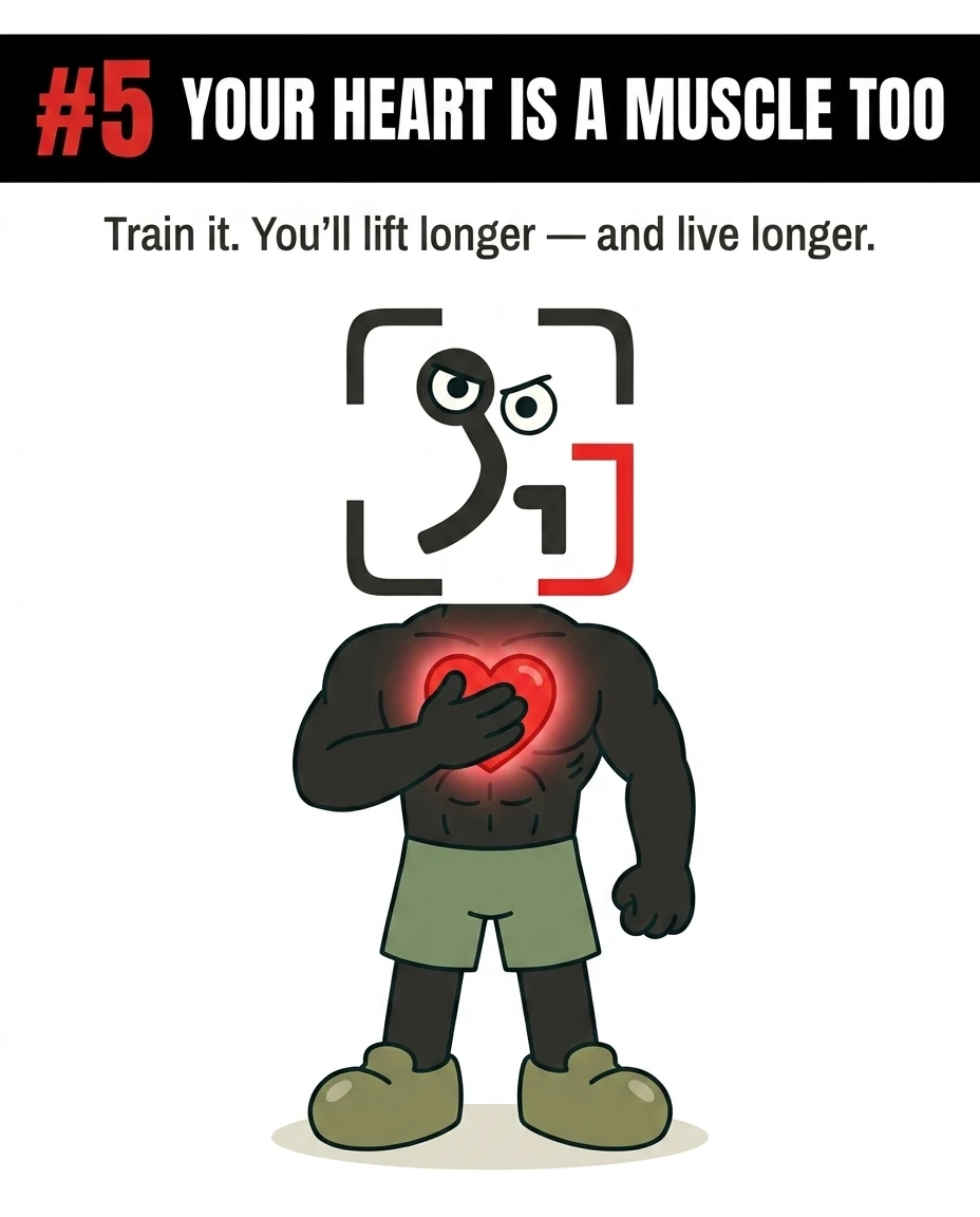 The GainFrame mascot stands proudly with a hand over a glowing red heart, emphasizing that cardiovascular health supports longevity and lifting performance.