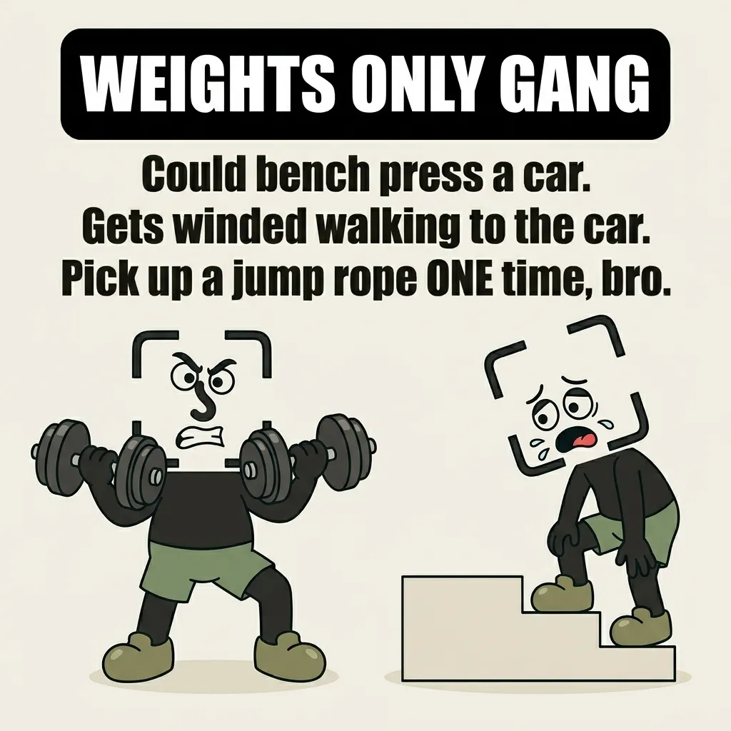 The GainFrame mascot is split into two depictions: one lifting heavy dumbbells with an angry expression, and another looking completely exhausted and sweating while climbing a small flight of stairs, highlighting the lack of cardiovascular endurance in weight-only routines.