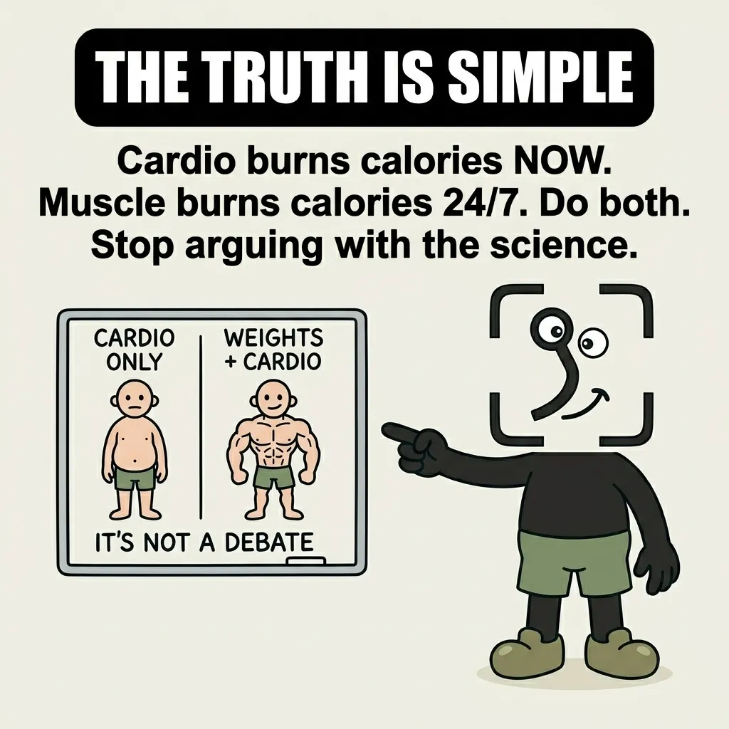 The GainFrame mascot points to a whiteboard comparing a soft, out-of-shape figure under 'Cardio Only' with a muscular, fit figure under 'Weights + Cardio' to show that combining both methods yields the best physical results.