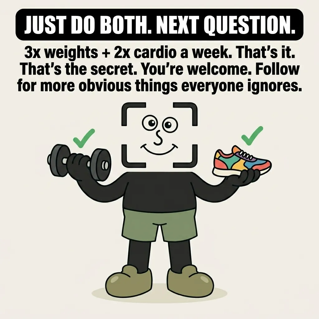 The GainFrame mascot smiles happily while holding a dumbbell and a colorful running shoe, both marked with green checkmarks, to promote a balanced weekly routine of three weight sessions and two cardio sessions.