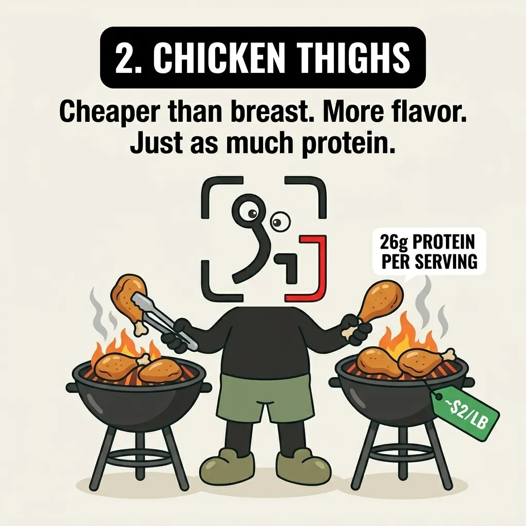 The GainFrame mascot stands between two smoking grills cooking chicken thighs, showcasing them as a flavorful, high-protein, and budget-friendly alternative to chicken breast.